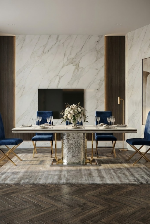 MESA DE COMEDOR RECT. ACERO/ORO CUB. MARMOL SINTETICO 01PZ