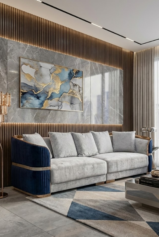 SOFA 1303-4 ORO ROSA/ TELA GRIS Y AZUL