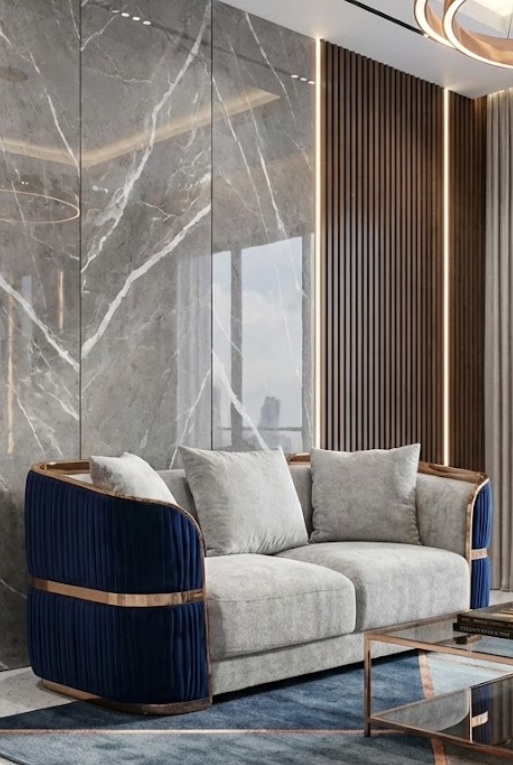 LOVE SEAT 1303-2 ORO ROSA/ TELA GRIS Y AZUL